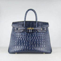 Hermes Birkin 35Cm Crocodile Big Stripe Handbags Dark Blue Gold